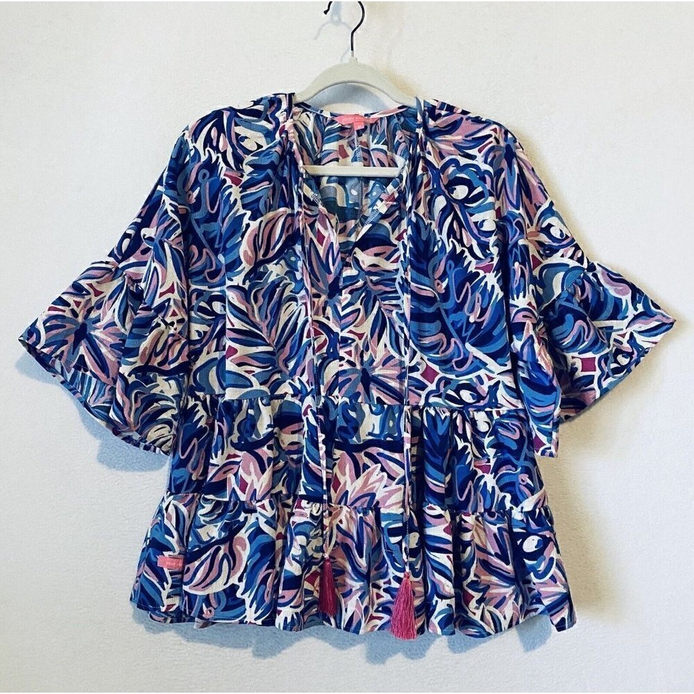 Simply Southern Top Womens Medium Blue Floral Tassel Tie Babydoll Tiered Ruffle